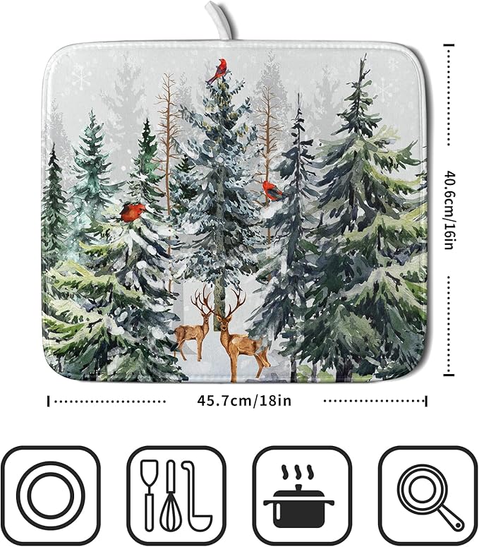 Pine Tree Dish Drying Mat for Kitchen Counter 16x18 Inch Forest Deer Absorbent Dishes Drainer Mats Reversible Microfiber Quick Dry Rack Pad