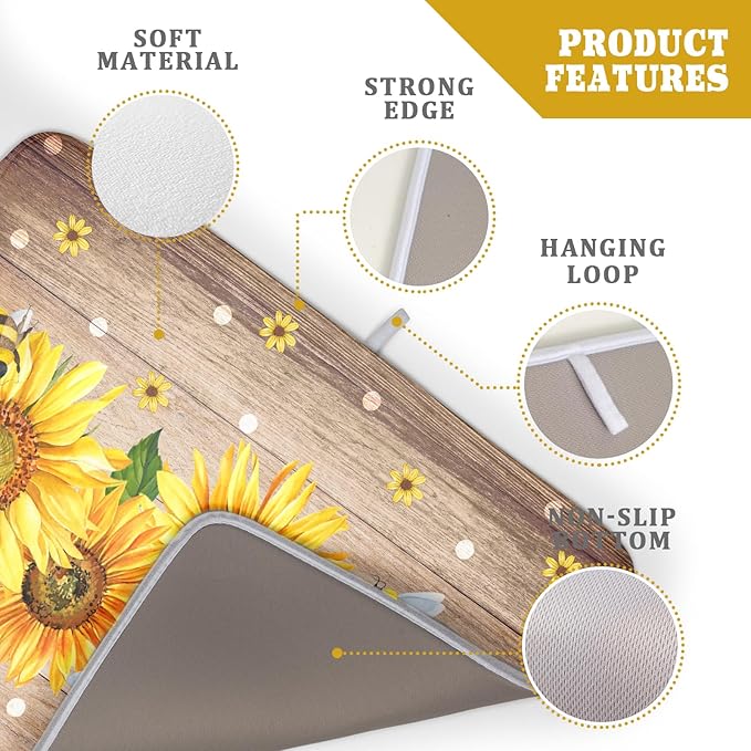 Sunflower Bee Dish Drying Mat for Kitchen Counter Home 18x24 Inch Wood Barn Microfiber Drainer Rack Mats Washable Absorbent Dish Dry Pad