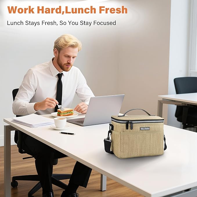 Tirrinia Insulated Lunch Bag for Women Men, Leakproof Lunch Box Containers for Adult, Work, School, Soft Lunchbox for Kids,Boys, Adult Cooler Bag for Picnic Hiking Beach,Khaki