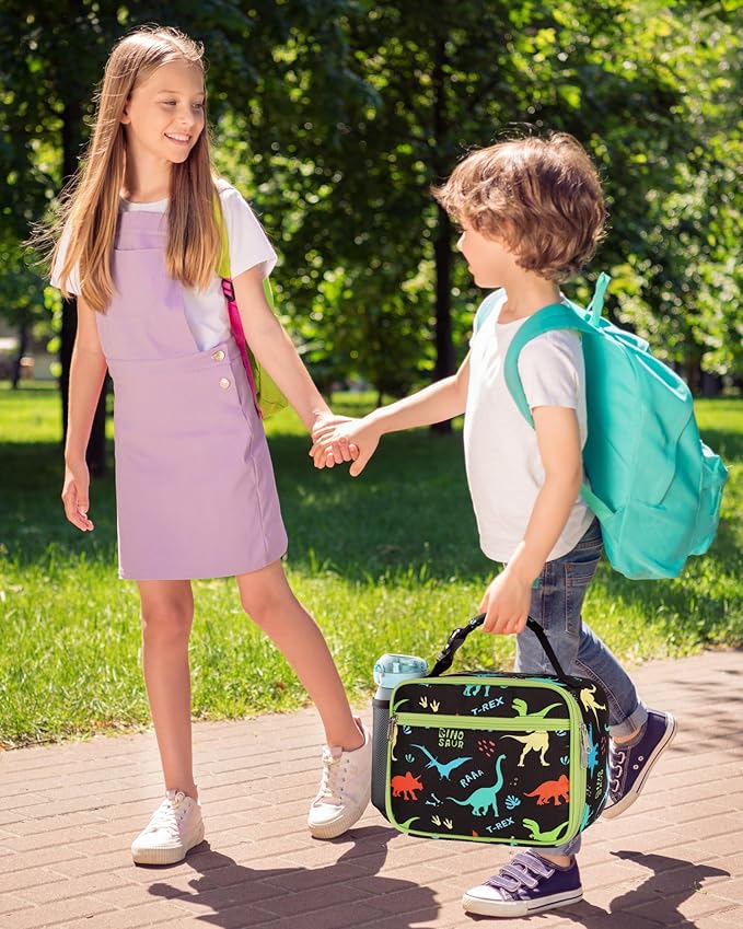 Bagseri Kids Lunch Bag Boys - Kids Lunch Box for Boys Reusable and Insulated Lunch Bag Toddler Lunch Box for Daycare and School, Black Dinosaur (Water Bottle Not Included)