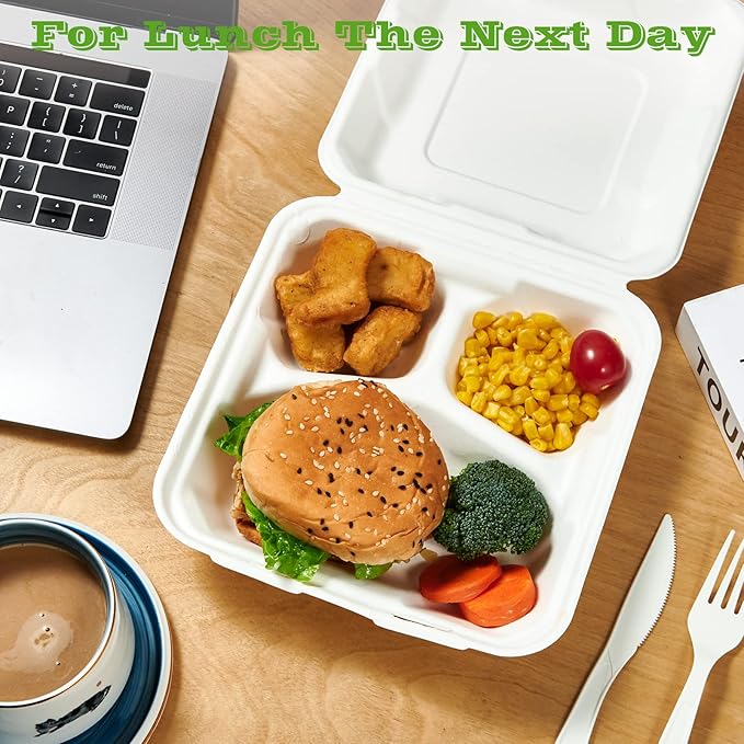 Vplus 100% Compostable Clamshell Take Out Food Containers, 90 PACK 8 inch x 8 inch Eco-Friendly Disposable 3 Compartment, Heavy-Duty Bagasse To-Go Containers for Next Day Lunch, Potluck Party