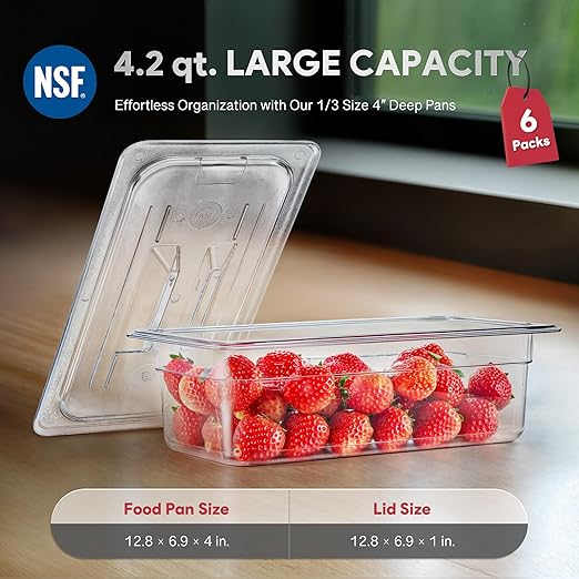 WILPREP 6 Pack Plastic Food Pans with Lids, 1/3 Size 4 in Deep Clear Food Storage Containers, 4.2 qt Stackable Polycarbonate Commercial Hotel Pans for Fruits Vegetables Beans Corns, NSF Listed