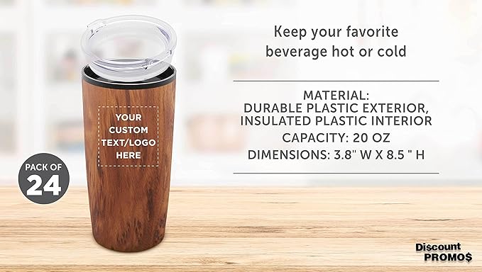 Custom Plastic Tumblers 20 oz. Set of 24, Personalized Bulk Pack - With lids, Ice Coffee Tumbler, To Go Cup, Insulated - Wood