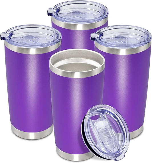 20 oz Tumbler Coffee Tavel Tumblers Bulk with Lid Stainless Steel Double Wall Vacuum Insulated Mug Powder Coated Cups fit Car Cupholder for Hot and Cold - Purple, 4Pack