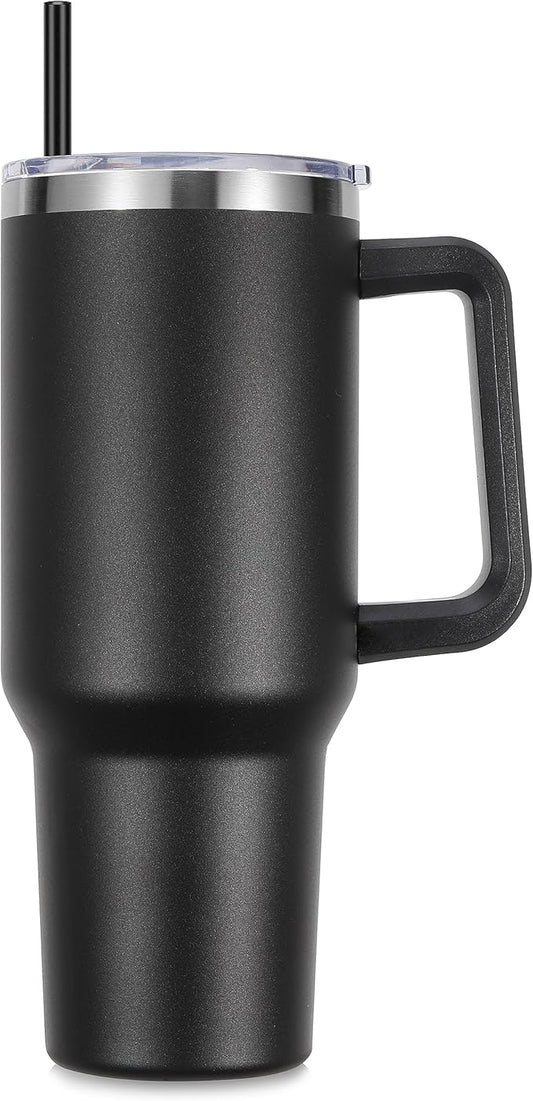 DOMICARE 40 oz Tumbler with Handle and Straw, Stainless Steel Tumbler with Lid and Straw, Reusable Vacuum Insulated Cup, Travel Coffee Mug, Black, 1Pack