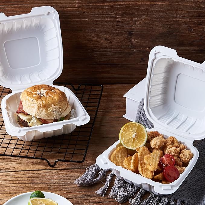 CIAO! 6"x6"x3" MFPP White Hinged Container With Lid 1 Compartment (Case of 300)