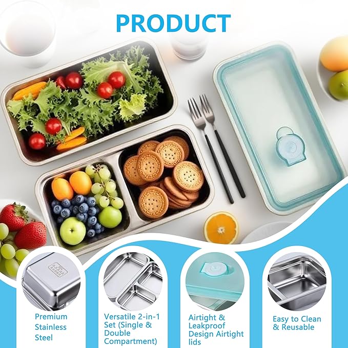 Stainless Steel Snack Containers with Lids Meal Prep Food Storage Container Lunch Box Multi Compartment Reusable Leak-Proof Design for Travel,Snacks, Sandwiches,Condiments Bento Box Office Home