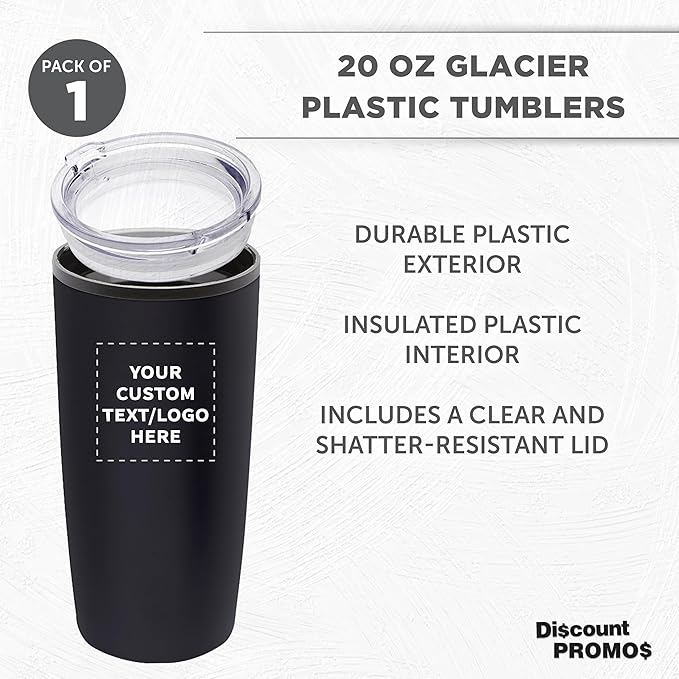 DISCOUNT PROMOS Custom Plastic Tumblers 20 oz. Set of 1, Personalized Bulk Pack - With lids, Ice Coffee Tumbler, To Go Cup, Insulated - Black