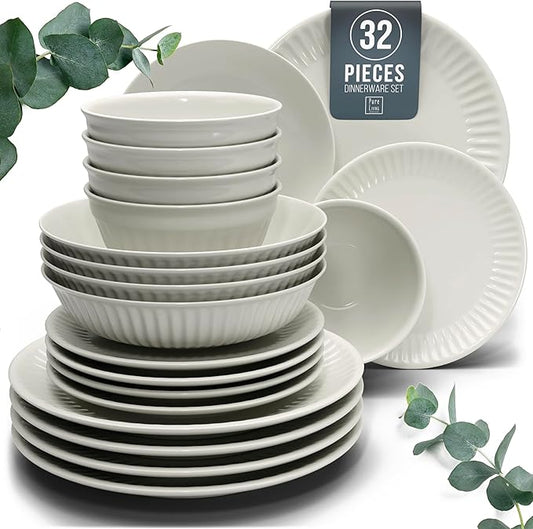 Stoneware Dinnerware Set for 8 People HYGGE 32-Piece - Elegant Scandi Design - Premium Dish Set - Bowl and Plate Set - Tableware for 8 People in a Ribbed Design - Pure Living in Beige