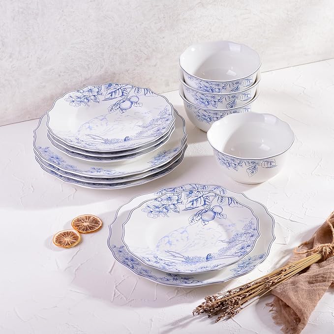 222 Fifth 12-Piece Porcelain Dinnerware Set for 4, Elegant Floral Plates and Bowls Sets- White/Blue Ceramic Dishes, Chip Resistant Kitchen & Dining Dish Set, Microwave & Dishwasher Safe, Hudson Valley