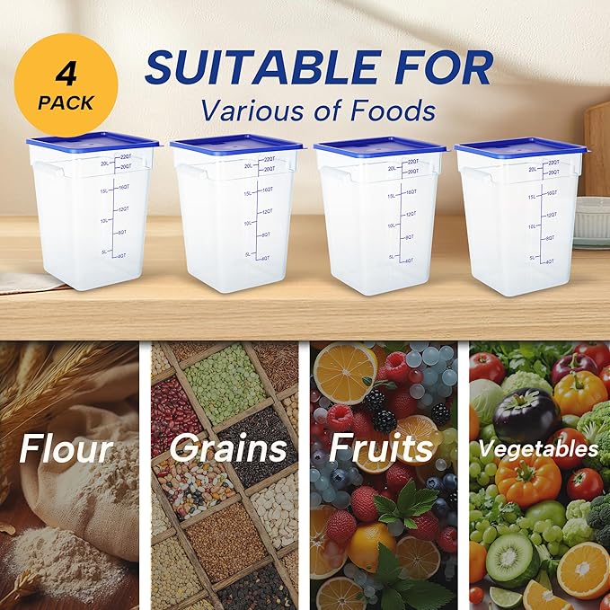 4 Pack 22 Quart Food Storage Containers with Lids, Polycarbonate Square Commercial Food Containers, NSF, Clear, New Version
