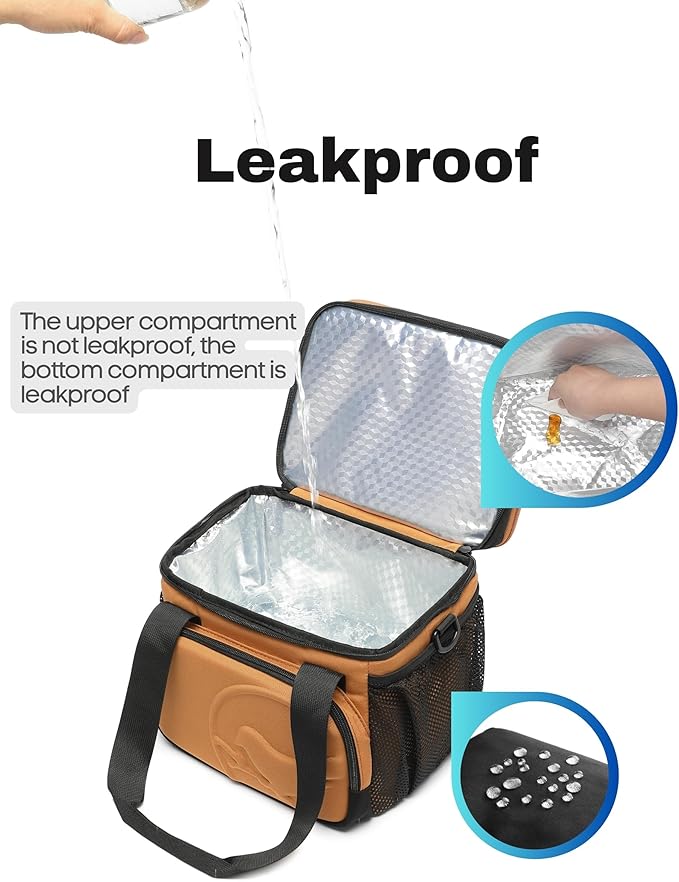 SUNNY BIRD Dual Compartment Lunch Bag, 13L Insulated Adult Lunch Box for Work (Brown)