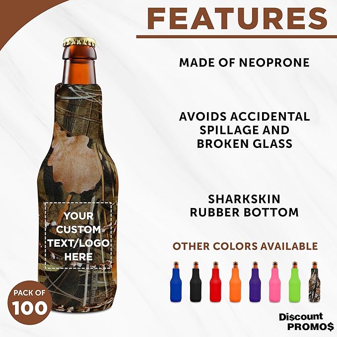 100 Neoprene Zippered Beer Bottle Coolies Pack - Customizable Text, Logo - Sharkskin Rubber Bottom - Camo4