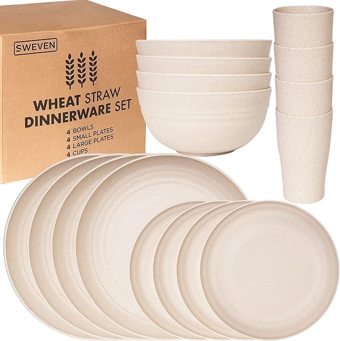 Wheat Straw Dinnerware Sets | Unbreakable Dinnerware Sets | Dishwasher Microwave Safe Dinnerware | Eco Friendly Non Breakable Dinnerware Sets | RV Outdoor Camping (Beige, Service for 4 (16 pcs))