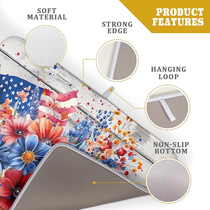 4th of July Dish Drying Mat 18x24 inch Patriotic Floral Fast Dry Microfiber Reversible Dish Drainer Rack Pad Kitchen Counter Accessories