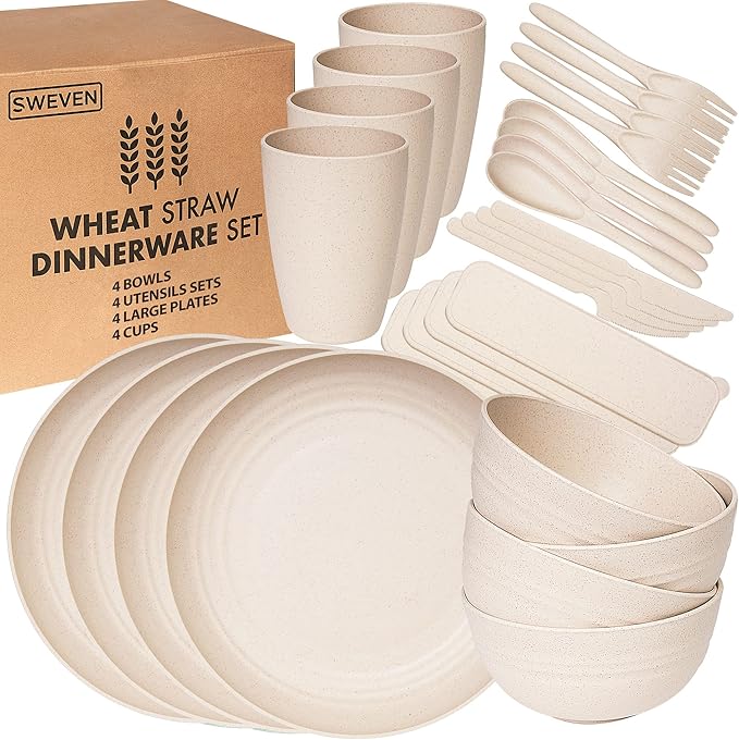 Wheat Straw Dinnerware Sets | Unbreakable Dinnerware Sets | Dishwasher Microwave Safe Dinnerware | Eco Friendly Non Breakable Dinnerware Sets | RV Outdoor Camping (Beige, Service for 4 (28 pcs))