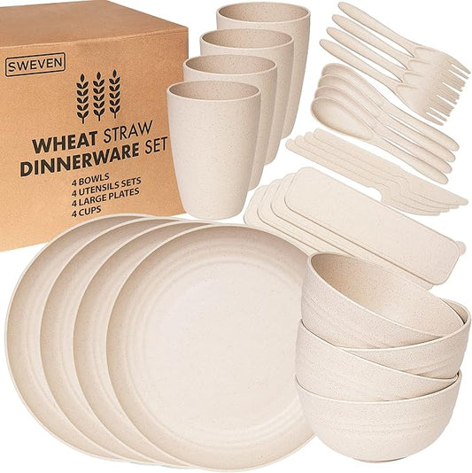 Wheat Straw Dinnerware Sets | Unbreakable Dinnerware Sets | Dishwasher Microwave Safe Dinnerware | Eco Friendly Non Breakable Dinnerware Sets | RV Outdoor Camping (Beige, Service for 4 (28 pcs))