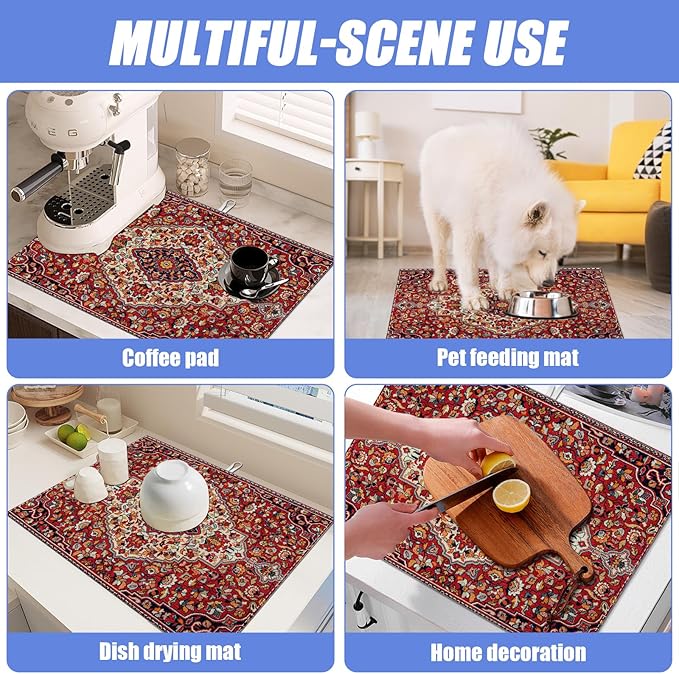 Boho Vintage Ethnic Dish Drying Mat for Kitchen Counter Persian Original Tribal Drying Pad Absorbent Dish Drainer Rack Mats Draining Pad