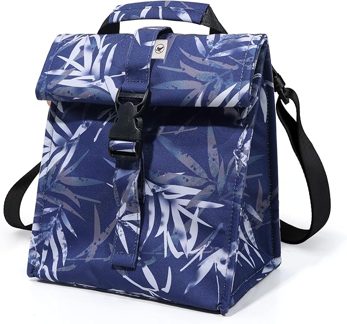 SUNNY BIRD Insulated Lunch Bag Rolltop Lunch Box Tote Bag for Women, Men, Adults and Teens (Blue Bamboo)