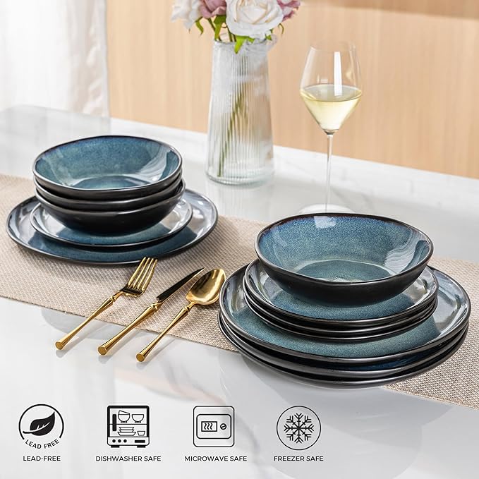 AmorArc Ceramic Dinnerware Sets,Handmade Reactive Glaze Stoneware Plates and Bowls Set,Highly Chip and Crack Resistant | Dishwasher & Microwave Safe Dishes Set,Service for 4 (12pc)