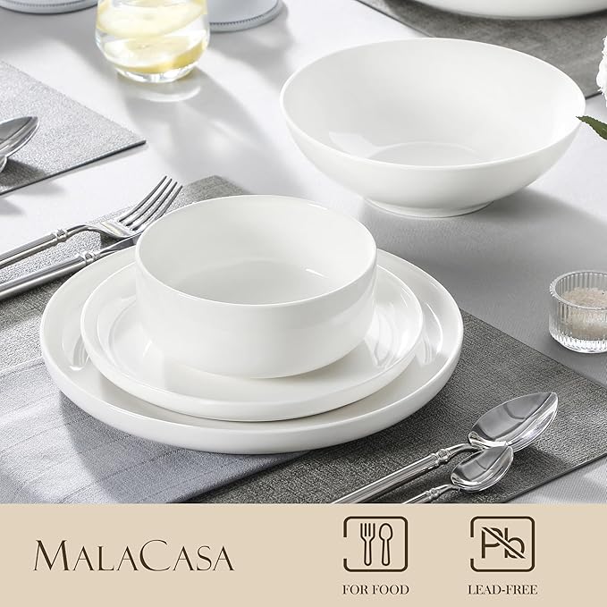 MALACASA Plates and Bowls Sets, 24 Pieces Modern Porcelain Dinnerware Set for 6 Ceramic Dishware Dishes White Kitchen Dinner Dining Ware Set Microwave and Dishwasher Safe, Series LUNA