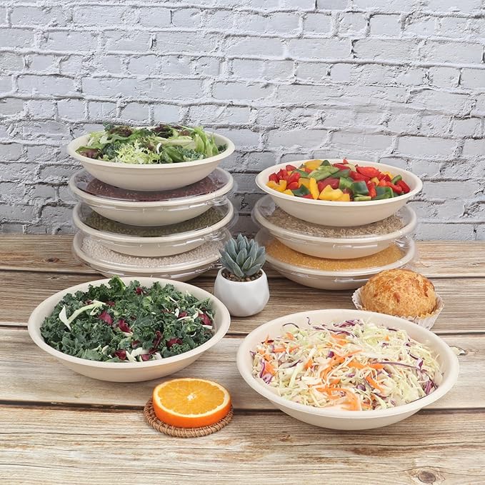 24 oz Round Disposable salad bowls with lids,Sugarcane Paper Bowls take away food containers Bagasse Plant Fibers 50 Pack