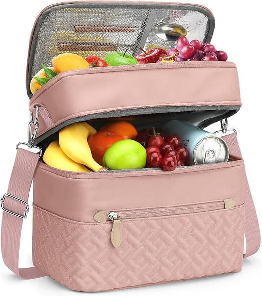 Capolo Lunch Box for Women Men Adults,Double Deck Insulated Lunch Bag Leakproof Lunch Cooler Box with Removable Strap Lunch Tote Bags Reusable Thermal Lunchbox for School Work Picnic(Large,Pink)