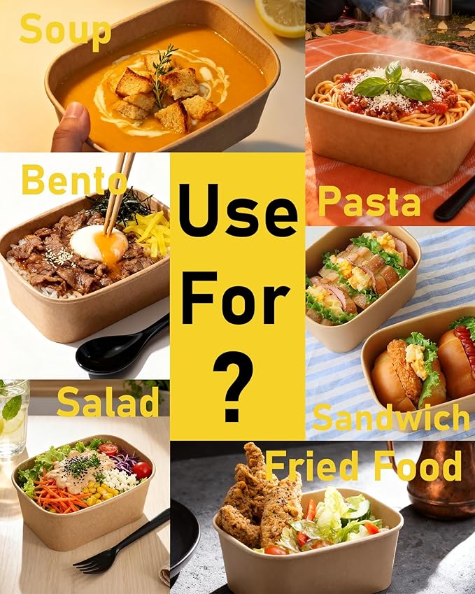 50Pack Disposable Paper Meal Prep Containers with Lids and Forks, 35OZ Kraft Paper To Go Food Containers for Salad Soup Hot/Cold Food, Take Out Serving Bowl for Household & Restaurant & Party & Picnic