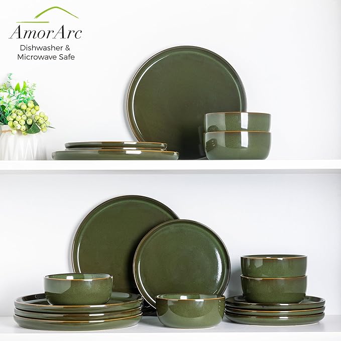 AmorArc Stoneware Dinnerware Sets,Round Reactive Glaze Ceramic Plates and Bowls Set,Highly Scrath Resistant | Dishwasher & Microwave Safe Dishes,Service for 6 (18pc)
