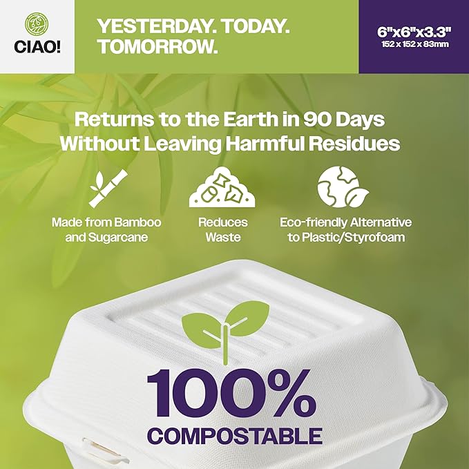 CIAO! 6"x6"x3" Clamshell 1 Compartment 100% Compostable Ecofriendly PFAS Free Unbleached Bagasse Natural White (500/case)