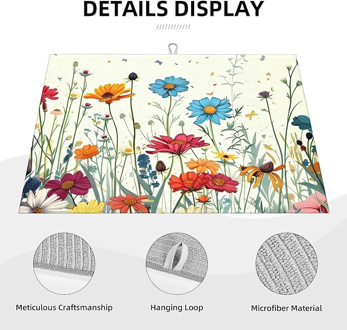 Butterfly Flowers Dish Drying Mat 18x24 Inch, Microfiber Absorbent Fast Dry Mat Daisy Floral Large Dish Mat Drying Kitchen Mat, Kitchen Drying Pad for Kitchen Counter Coffee Bar Decor Gifts