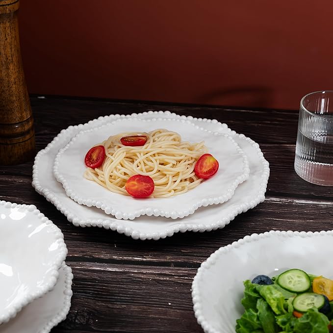 Cream 12pcs Beaded 100% Melamine Dinnerware Set, Elegant Scalloped Edge Durable & Shatterproof Outdoor Dining Set,Unbreakable Plates & Bowls Set for Indoor/Outdoor Use, Dishwasher Safe