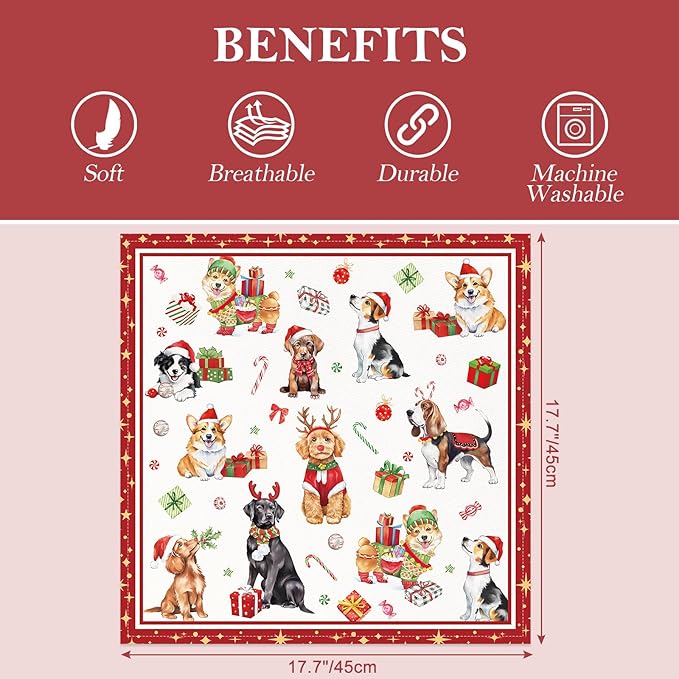Christmas Dog Napkins, 18×18 Inch Dinner Cloth Napkins Set of 4, Washable Cotton Soft Absorbent Square Table Top Decoration for Dining Kitchen Party Wedding