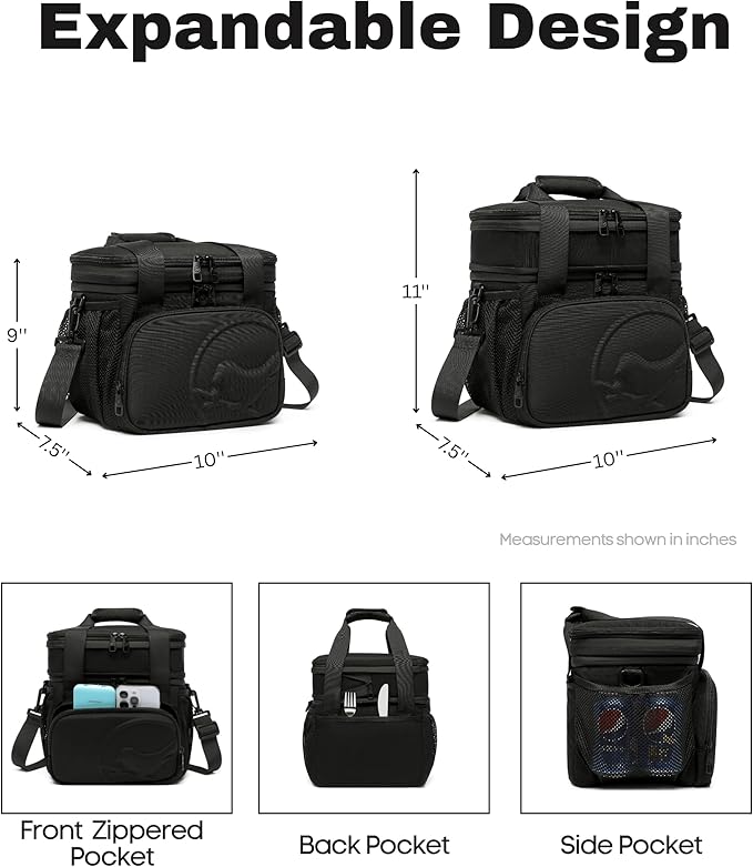 SUNNY BIRD Dual Compartment Lunch Bag, 13L Insulated Adult Lunch Box for Work (Black)