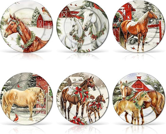 6 Pcs Christmas Reusable Melamine Dinner Plates 8 Inch Christmas Theme Round Plates Xmas Dishes Dinnerware Set for Salad Pasta Xmas Birthday Party Supplies Gifts (Horse)