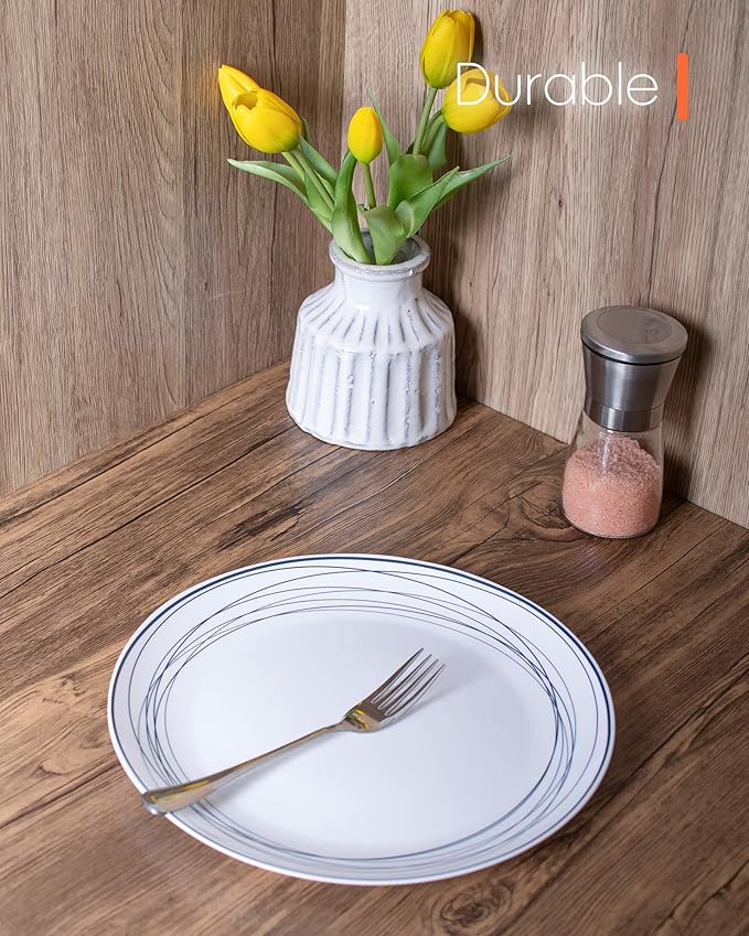 10.5 inch Dinner Plate Set of 6, Lightweight Round Opal Glass Dinnerware Plates, Dishwasher and Microwave Safe, Blue Modern Geometric Design