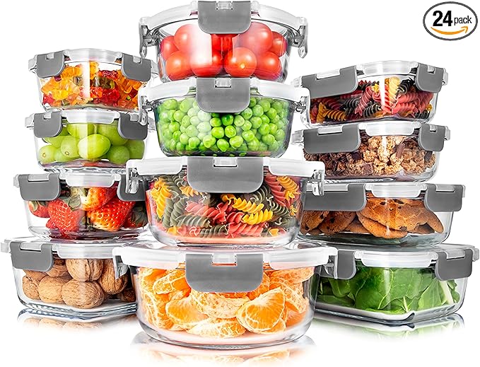 SereneLife 24 Piece Glass Storage Containers with Lids, 12 Pack Glass Meal Prep Container Set for Lunch, Kitchen Storage, Food Storage, Leak Proof, Freezer Safe and Dishwasher Safe, Gray