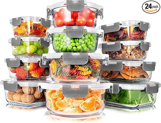 SereneLife 24 Piece Glass Storage Containers with Lids, 12 Pack Glass Meal Prep Container Set for Lunch, Kitchen Storage, Food Storage, Leak Proof, Freezer Safe and Dishwasher Safe, Gray