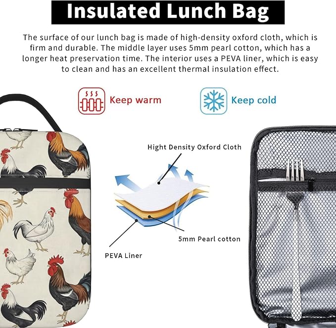 Chicken Lunch Box for Adults Women Girls Boys Kids Cute Animal Lunch Box Insulated Cooler Reusable Lunch Bag Container Gifts for Work Office Picnic Travel School