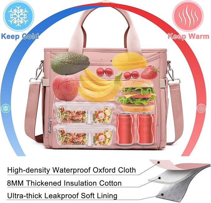 AIJIEKE Insulated Lunch Bag for Women, Lunch Box, Lunch Tote for Work, Large Leak Proof Cooler Bag with Removable Strap, Reusable Adult Lunchbag, Picnic, Office, Beach, Pink