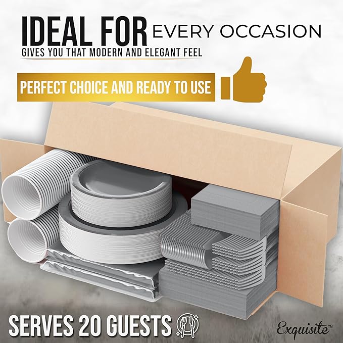 222 Pcs Silver Paper Plates and Napkins Sets, Disposable Plates For Party, Lunch & Cocktail Napkins Paper, 18oz Plastic Cups, Cutlery and Silver Table cloth Plastic Dinnerware Set