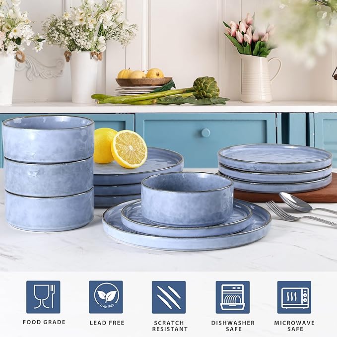 LIANYU Dinnerware Dish Sets for 2, 6 Piece Stoneware Plates and Bowls Sets, Kitchen Dinner Set for Dessert Salad Pasta, Microwave & Dishwasher Safe, Serenity Blue