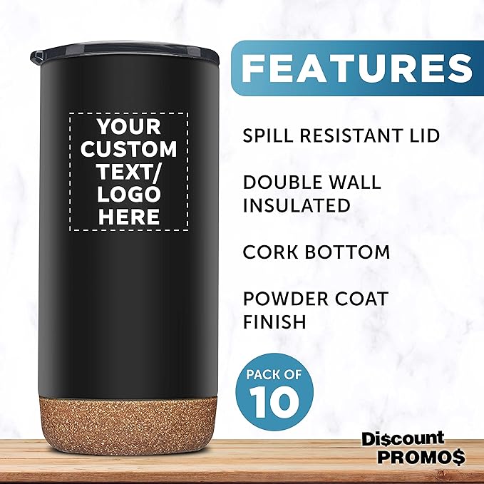 Custom Travel Tumblers with Cork Bottom 16 oz. Set of 10, Personalized Bulk Pack - Double Wall Insulated, Matte Finish, Perfect for Iced Coffee, Soda, Other Beverages - Black