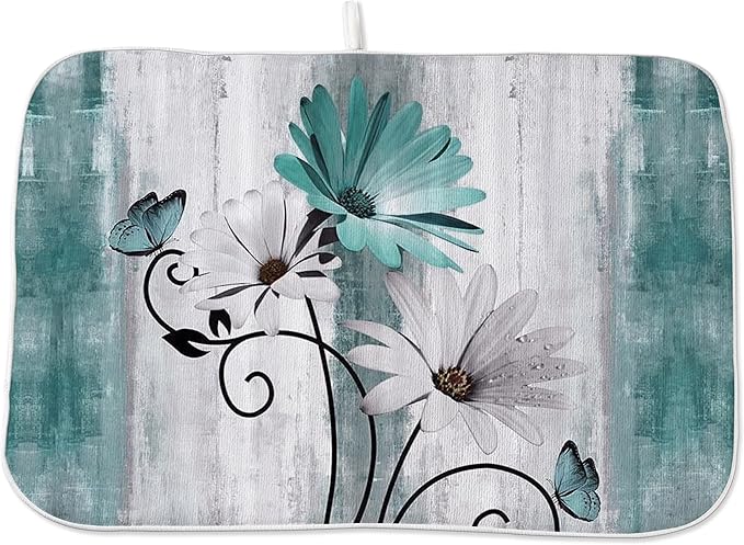 Rustic Daisy Floral Dish Drying Mats 18x24 Inches for Kitchen Counter Vintage Teal Blue Kitchen Decorations Drying Mats Seasonal Outdoor Decor Mat Drying Pad for Office Dining Room Decor