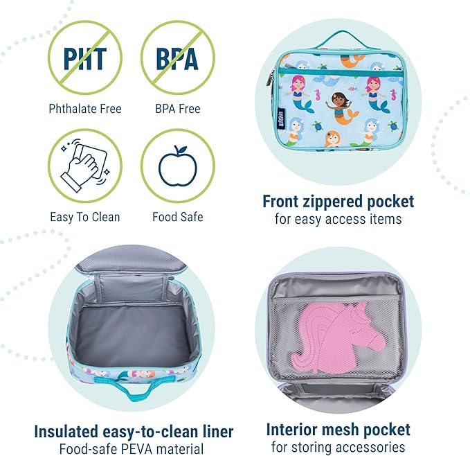 Wildkin Kids Insulated Lunch Box – Durable and Reusable for School & Travel - Mermaids