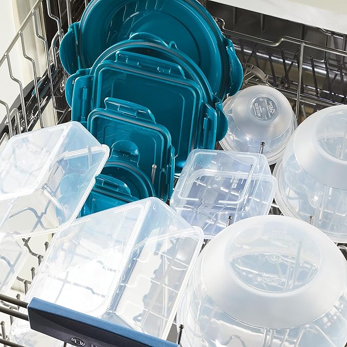 Rachael Ray Leak-Proof Nestable Container Food Storage Bin Set, 10-Piece Square, Teal Lid