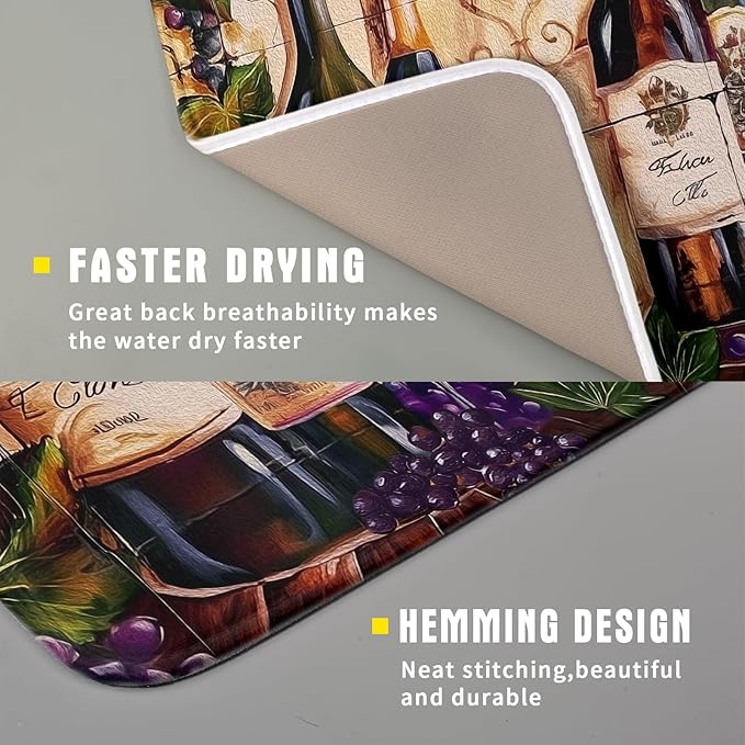 Wine Dish Drying Mat for Kitchen Counter Vintage Wine Glasses Dish Drainer Mats Absorbent Microfiber Dishes Pad Reusable Washable Large Dish Draining Mat 16x18 Inch