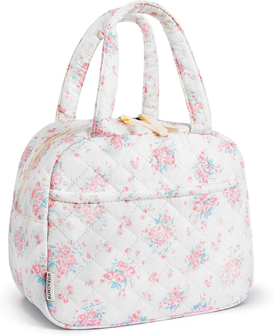 Quilted Lunch Box for Women,Insulated Cute Reusable Lunch Bag with Front Pocket,Pink Flower Stylish Lunch Tote Bag for Work, Office,Picnic, Travel,School (pink big floral)
