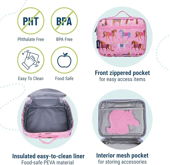 Wildkin Kids Insulated Lunch Box – Durable and Reusable for School & Travel - Horses in Pink