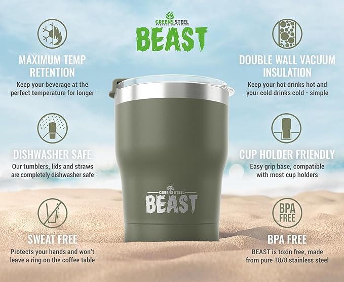 Beast 10 oz Tumbler Stainless Steel Vacuum Insulated Coffee Ice Cup Double Wall Travel Flask (Army Green)